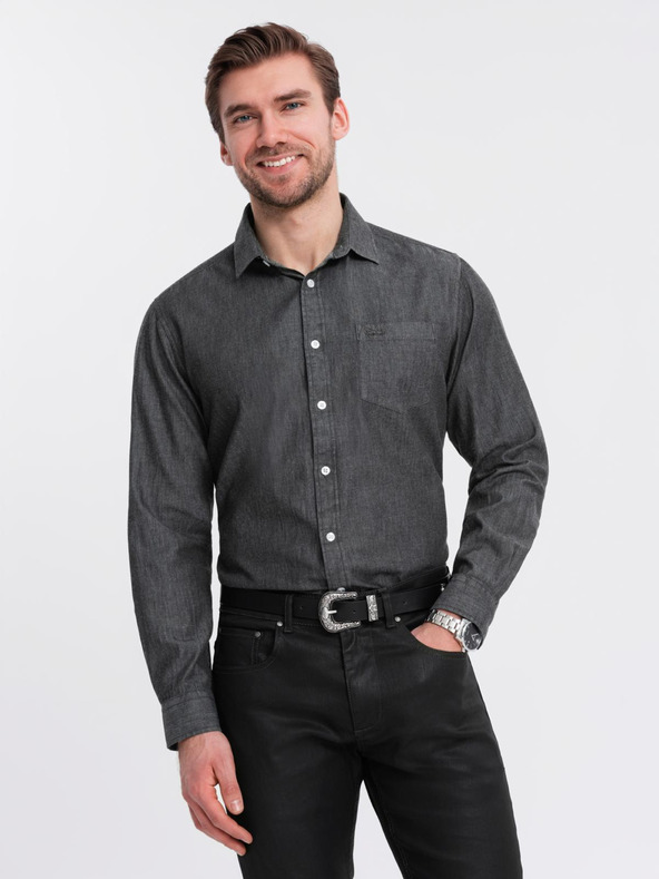 Ombre Clothing Pánska džínsová košeľa s vyšívaným vreckom Ombre Clothing
