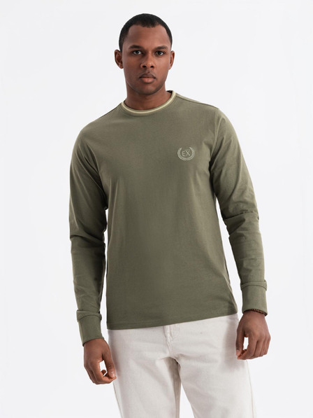 Ombre Clothing Pánske bavlnené tričko s dlhým rukávom, pruhovaným výstrihom do U a výšivkou Ombre Clothing