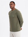Ombre Clothing Pánske bavlnené tričko s dlhým rukávom, pruhovaným výstrihom do U a výšivkou Ombre Clothing