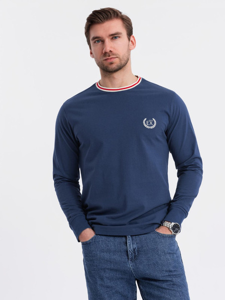 Ombre Clothing Pánske bavlnené tričko s dlhým rukávom, pruhovaným výstrihom do U a výšivkou Ombre Clothing