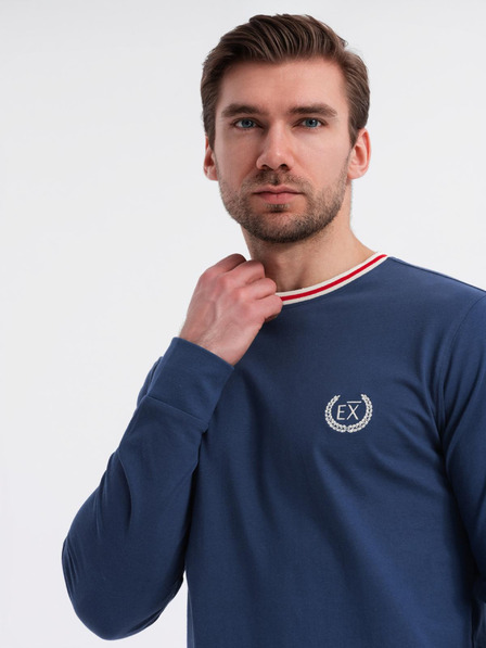 Ombre Clothing Pánske bavlnené tričko s dlhým rukávom, pruhovaným výstrihom do U a výšivkou Ombre Clothing