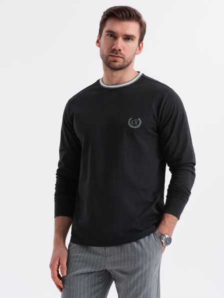 Ombre Clothing Pánske bavlnené tričko s dlhým rukávom, pruhovaným výstrihom do U a výšivkou Ombre Clothing