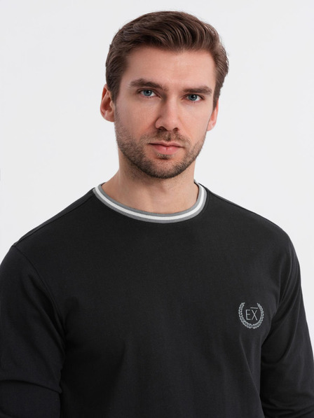 Ombre Clothing Pánske bavlnené tričko s dlhým rukávom, pruhovaným výstrihom do U a výšivkou Ombre Clothing