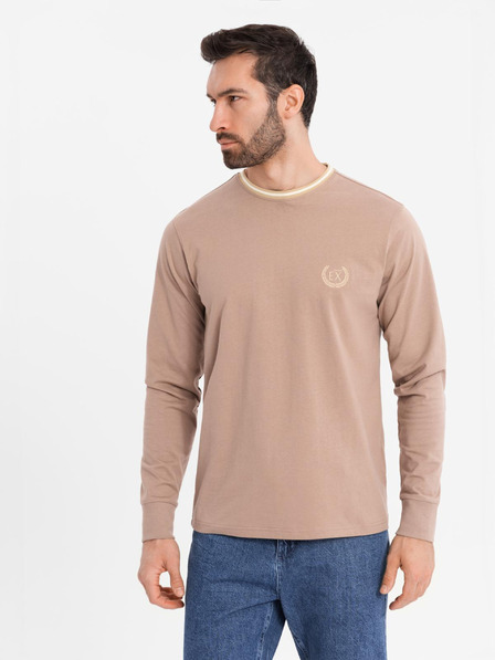 Ombre Clothing Pánske bavlnené tričko s dlhým rukávom, pruhovaným výstrihom do U a výšivkou Ombre Clothing