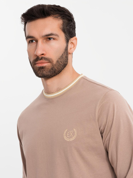 Ombre Clothing Pánske bavlnené tričko s dlhým rukávom, pruhovaným výstrihom do U a výšivkou Ombre Clothing